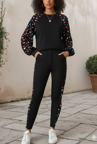 Kadın Uzun Kollu Bisiklet Yaka Desenli Viskon Iki Iplik Bluz Ve Pantolon Ikili Takım