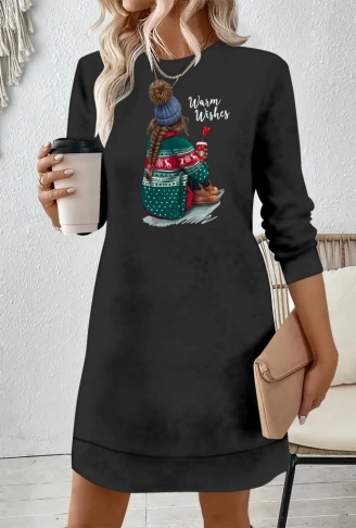 Kadın Uzun Kollu Bisiklet Yaka Desenli Viskon Iki Iplik Elbise