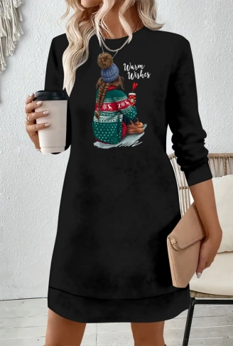 Kadın Uzun Kollu Bisiklet Yaka Desenli Viskon Iki Iplik Elbise