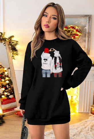 Kadın Uzun Kollu Bisiklet Yaka Desenli Viskon Iki Iplik Elbise