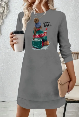 Kadın Uzun Kollu Bisiklet Yaka Desenli Viskon Iki Iplik Elbise