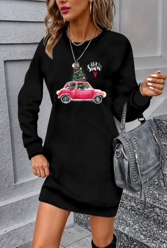 Kadın Uzun Kollu Bisiklet Yaka Desenli Viskon Iki Iplik Elbise