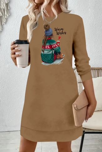 Kadın Uzun Kollu Bisiklet Yaka Desenli Viskon Iki Iplik Elbise