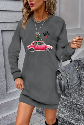 Kadın Uzun Kollu Bisiklet Yaka Desenli Viskon Iki Iplik Elbise