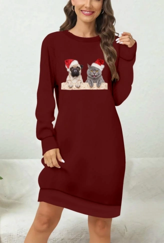 Kadın Uzun Kollu Bisiklet Yaka Desenli Viskon Iki Iplik Elbise