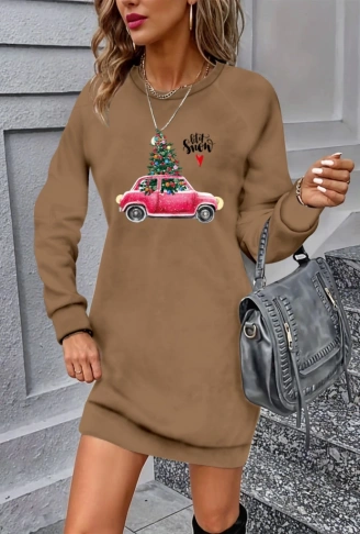 Kadın Uzun Kollu Bisiklet Yaka Desenli Viskon Iki Iplik Elbise