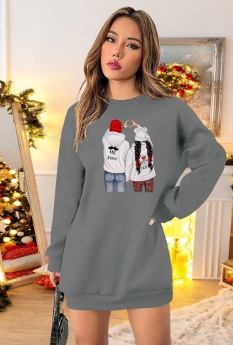 Kadın Uzun Kollu Bisiklet Yaka Desenli Viskon Iki Iplik Elbise