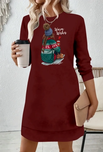 Kadın Uzun Kollu Bisiklet Yaka Desenli Viskon Iki Iplik Elbise