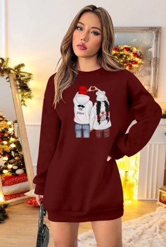 Kadın Uzun Kollu Bisiklet Yaka Desenli Viskon Iki Iplik Elbise