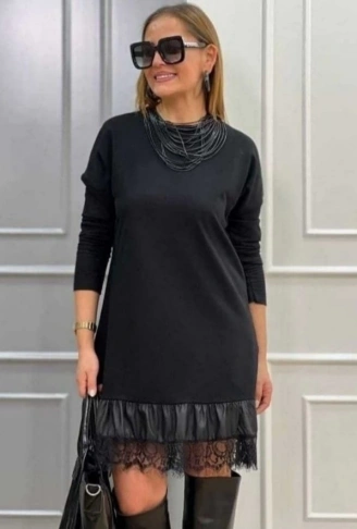 Kadın Uzun Kollu Bisiklet Yaka Etek Ucu Deri Dantelli Viskon Iki Iplik Midi Elbise