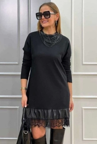 Kadın Uzun Kollu Bisiklet Yaka Etek Ucu Deri Ve Tül Detay Iki Iplik Mini Boy Elbise