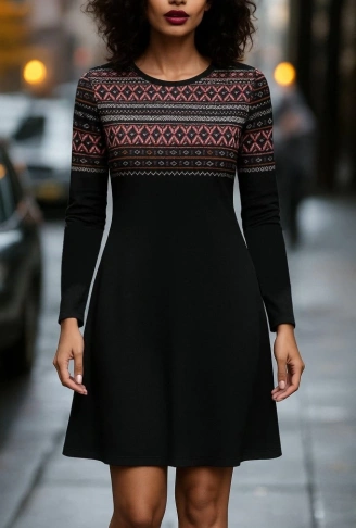 Kadın Uzun Kollu Bisiklet Yaka Etnik Desenli Kısa şardonlu Dalgıç Elbise