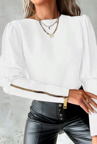 Kadın Uzun Kollu Bisiklet Yaka Fermuar Detaylı Ithal Krep Bluz