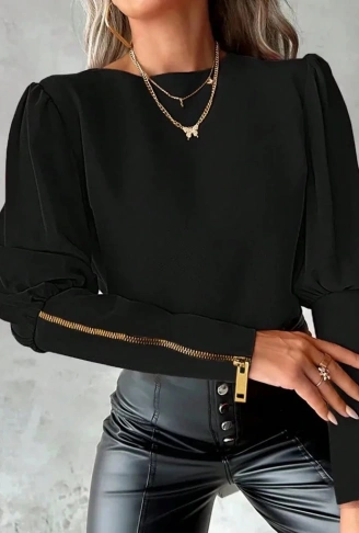 Kadın Uzun Kollu Bisiklet Yaka Fermuar Detaylı Ithal Krep Bluz