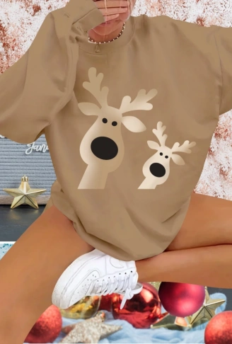 Kadın Uzun Kollu Bisiklet Yaka Geyik Desenli Viskon Iki Iplik Bluz