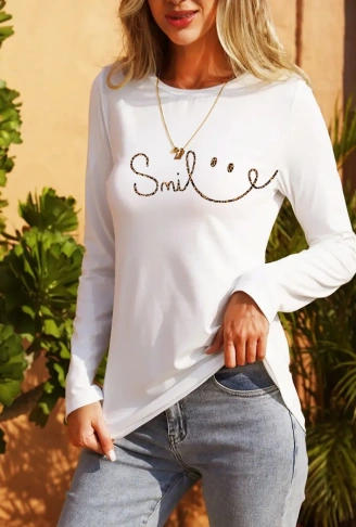 Kadın Uzun Kollu Bisiklet Yaka Gülümseyen Surat Desenli Viskon Bluz