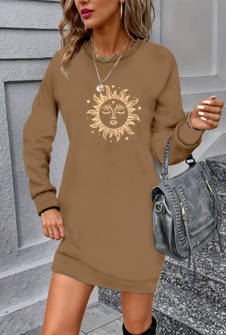 Kadın Uzun Kollu Bisiklet Yaka Güneş Desenli Viskon Iki Iplik Elbise