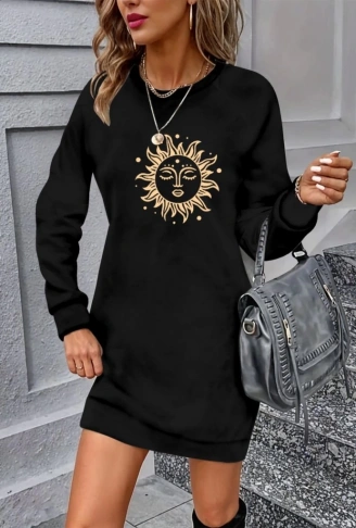 Kadın Uzun Kollu Bisiklet Yaka Güneş Desenli Viskon Iki Iplik Elbise