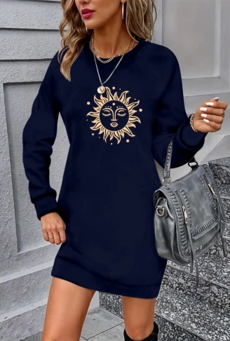 Kadın Uzun Kollu Bisiklet Yaka Güneş Desenli Viskon Iki Iplik Elbise