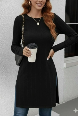 Kadın Uzun Kollu Bisiklet Yaka Iki Yandan Yırtmaç Detay Triko Bluz