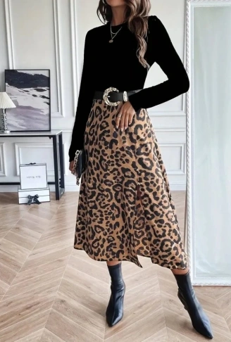 Kadın Uzun Kollu Bisiklet Yaka Ithal Krep Bluz Alt Desenli Modal Midi Elbise