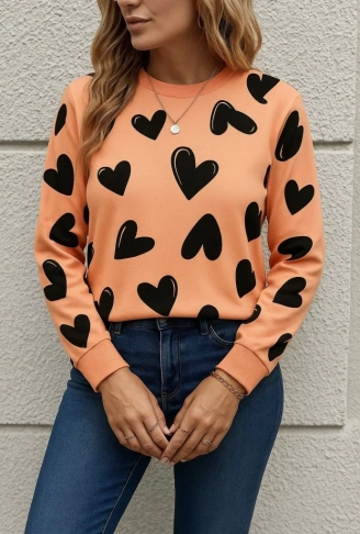 Kadın Uzun Kollu Bisiklet Yaka Kalp Desenli Iki Iplik Bluz