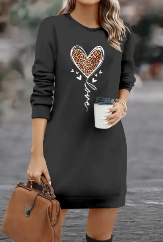 Kadın Uzun Kollu Bisiklet Yaka Kalp Desenli Kısa Viskon Elbise