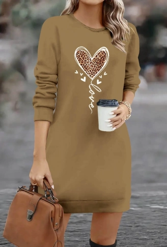 Kadın Uzun Kollu Bisiklet Yaka Kalp Desenli Kısa Viskon Elbise