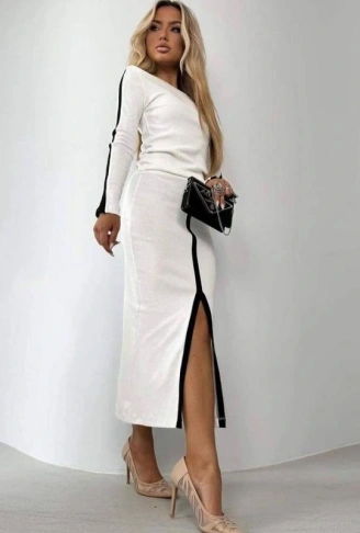 Kadın Uzun Kollu Bisiklet Yaka Kaşkorse Bluz Ve Yırtmaçlı Etek Ikili Takım