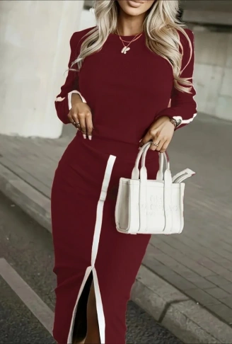 Kadın Uzun Kollu Bisiklet Yaka Kaşkorse Bluz Ve Yırtmaçlı Etek Ikili Takım