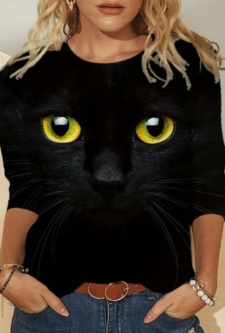 Kadın Uzun Kollu Bisiklet Yaka Kedi Desenli Süprem Bluz