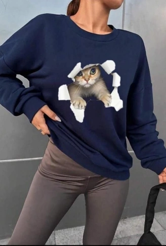 Kadın Uzun Kollu Bisiklet Yaka Kedi Desenli Viskon Iki Iplik Bluz