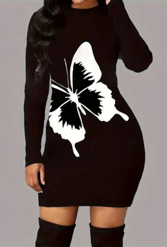 Kadın Uzun Kollu Bisiklet Yaka Kelebek Desenli Kısa Viskon Iki Iplik Elbise