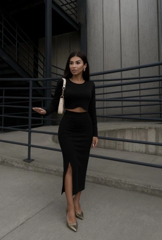 Kadın Uzun Kollu Bisiklet Yaka Kısa Krop Dalgıç Bluz Ile önden Yırtmaçlı Uzun Etek Ikili Takım