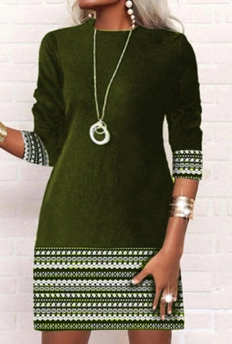 Kadın Uzun Kollu Bisiklet Yaka Kol Ağzı Ve Etek Ucu Baskılı Iki Iplik Elbise