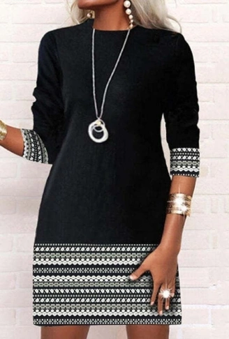 Kadın Uzun Kollu Bisiklet Yaka Kol Ağzı Ve Etek Ucu Baskılı Iki Iplik Elbise