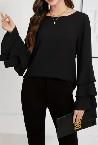 Kadın Uzun Kollu Bisiklet Yaka Kollar İspanyol Volanlı Sandy Bluz