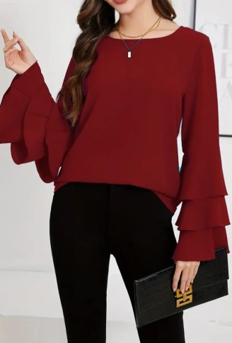 Kadın Uzun Kollu Bisiklet Yaka Kollar İspanyol Volanlı Sandy Bluz