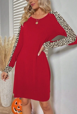 Kadın Uzun Kollu Bisiklet Yaka Kollar Leopar Detay Iki Iplik Mini Boy Elbise