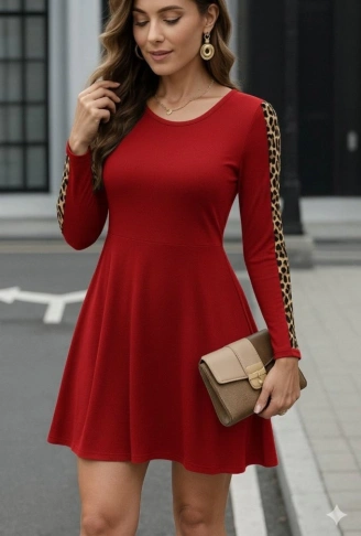 Kadın Uzun Kollu Bisiklet Yaka Kollar Leopar Detay Iki Iplik Mini Boy Elbise