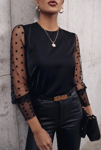 Kadın Uzun Kollu Bisiklet Yaka Kollar Puantiyeli Tül Detaylı Sandy Bluz