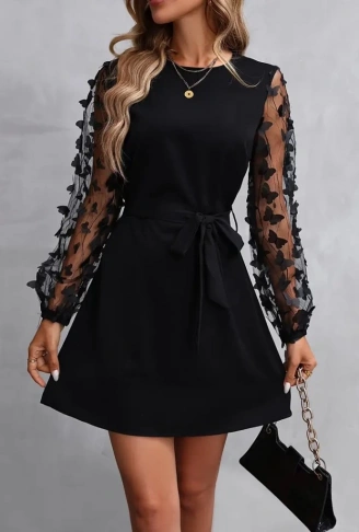 Kadın Uzun Kollu Bisiklet Yaka Kollar Tül Kelebek Detaylı Ithal Krep Elbise