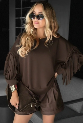 Kadın Uzun Kollu Bisiklet Yaka Kolları Püsküllü Modal Bluz