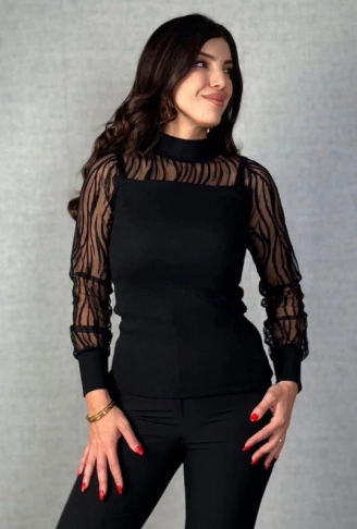 Kadın Uzun Kollu Bisiklet Yaka Kolları Tül Detay Kaşkorse Kumaş Bluz