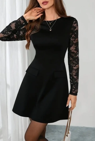 Kadın Uzun Kollu Bisiklet Yaka Kolları Tül Detaylı Mini Ithal Krep Elbise