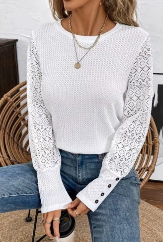 Kadın Uzun Kollu Bisiklet Yaka Kolları Tüllü Waffle Bluz