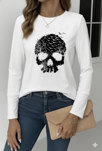 Kadın Uzun Kollu Bisiklet Yaka Kurukafa Desenli Viskon Bluz