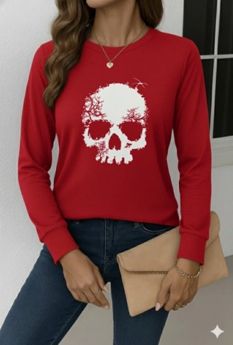 Kadın Uzun Kollu Bisiklet Yaka Kurukafa Desenli Viskon Bluz