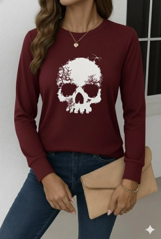 Kadın Uzun Kollu Bisiklet Yaka Kurukafa Desenli Viskon Bluz