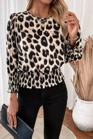 Kadın Uzun Kollu Bisiklet Yaka Leopar Desenli Modal Bluz